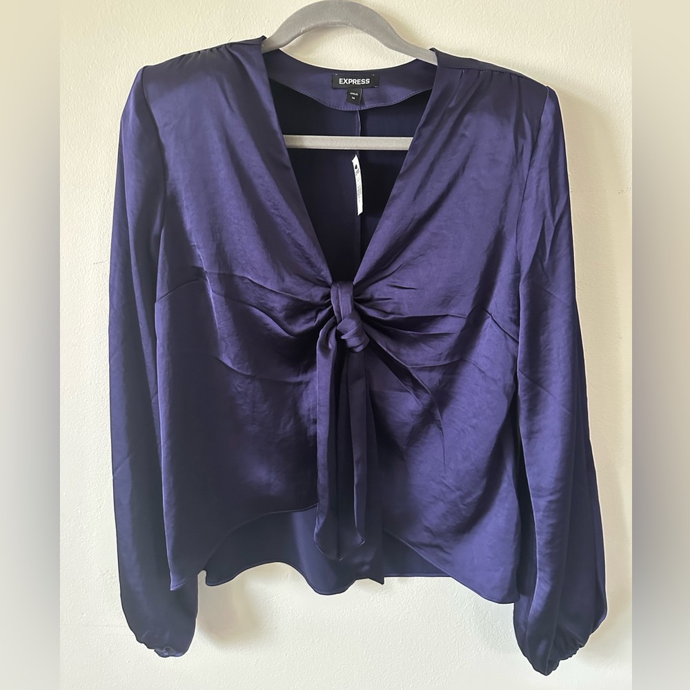 NWT Express Purple Long Sleeve Tie Front satin Blouse